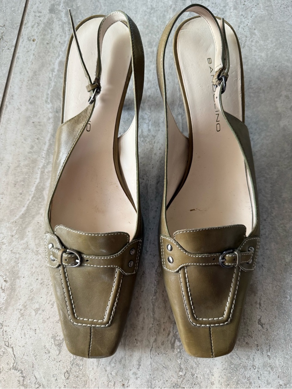 Bandolino Olive Leather Buckle Kitten Heel Slingbacks